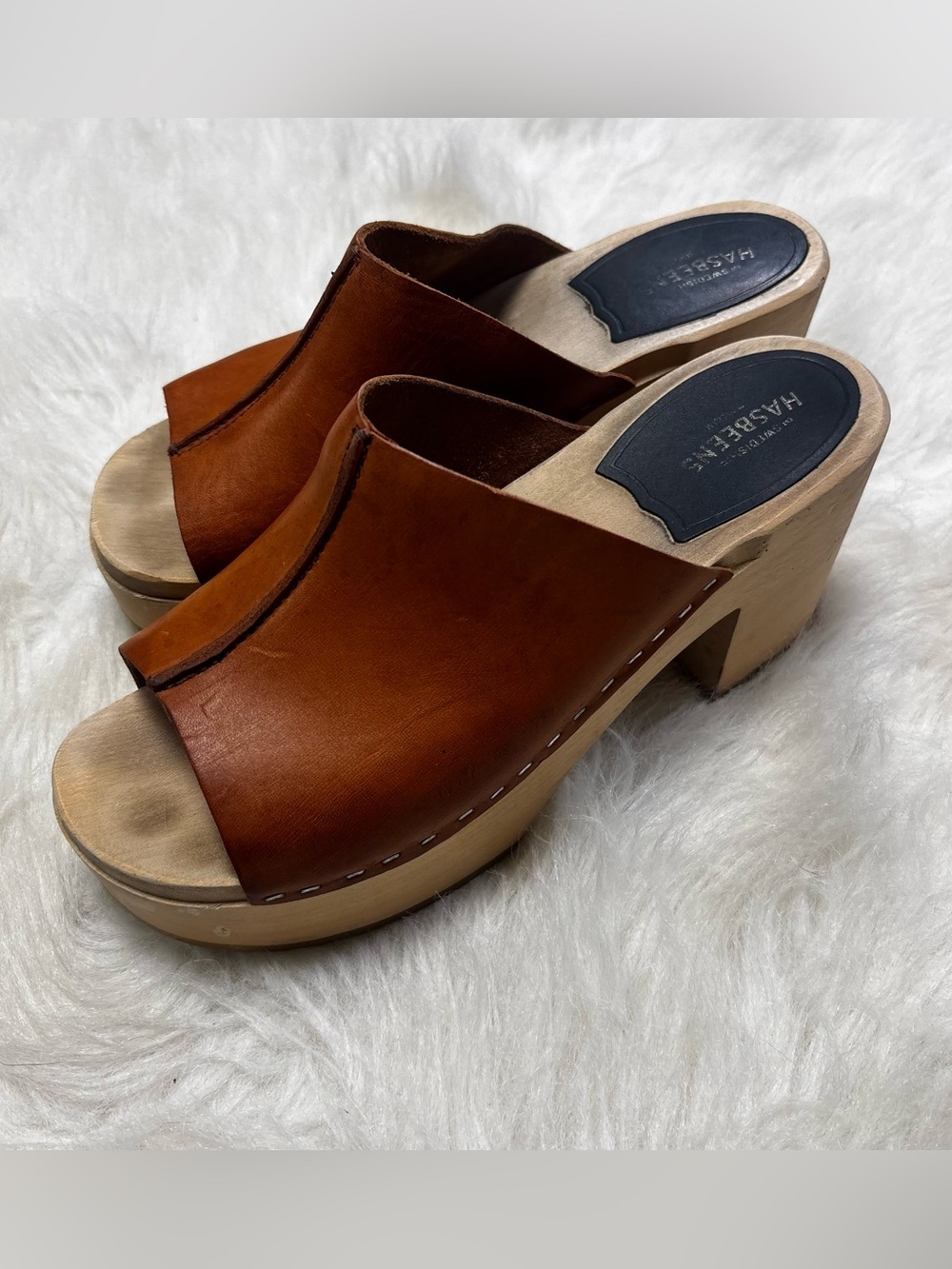 Swedish Hasbeens Cognac Leather Open-Toe Wooden Sole Heeled Clogs size 8